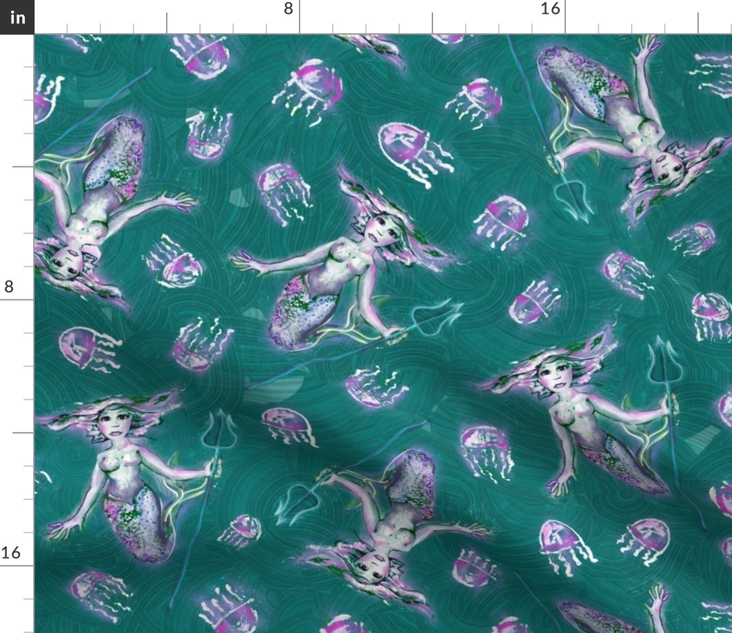 Jellyfish Mermaid Queen -- Pine Green Teal Waves