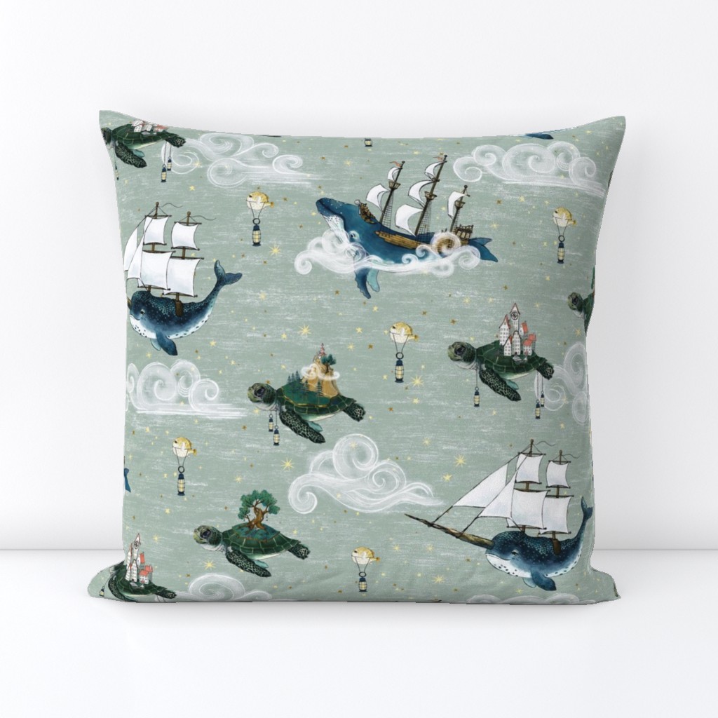 Nautical Fantasy Sea Turtle Islands, Whale and Narwhal boats Sky Adventure jumbo, tranquil nursery wallpaper, unisex, calm kids nursery, baby  boy