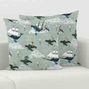 Nautical Fantasy Sea Turtle Islands, Whale and Narwhal boats Sky Adventure jumbo, tranquil nursery wallpaper, unisex, calm kids nursery, baby  boy