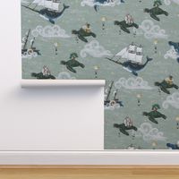 Nautical Fantasy Sea Turtle Islands, Whale and Narwhal boats Sky Adventure jumbo, tranquil nursery wallpaper, unisex, calm kids nursery, baby  boy