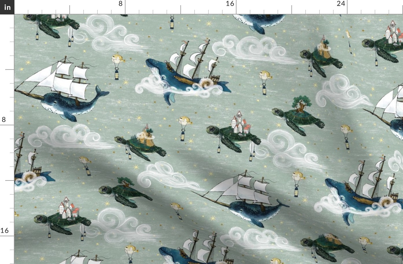 Nautical Fantasy Sea Turtle Islands, Whale and Narwhal boats Sky Adventure jumbo, tranquil nursery wallpaper, unisex, calm kids nursery, baby  boy