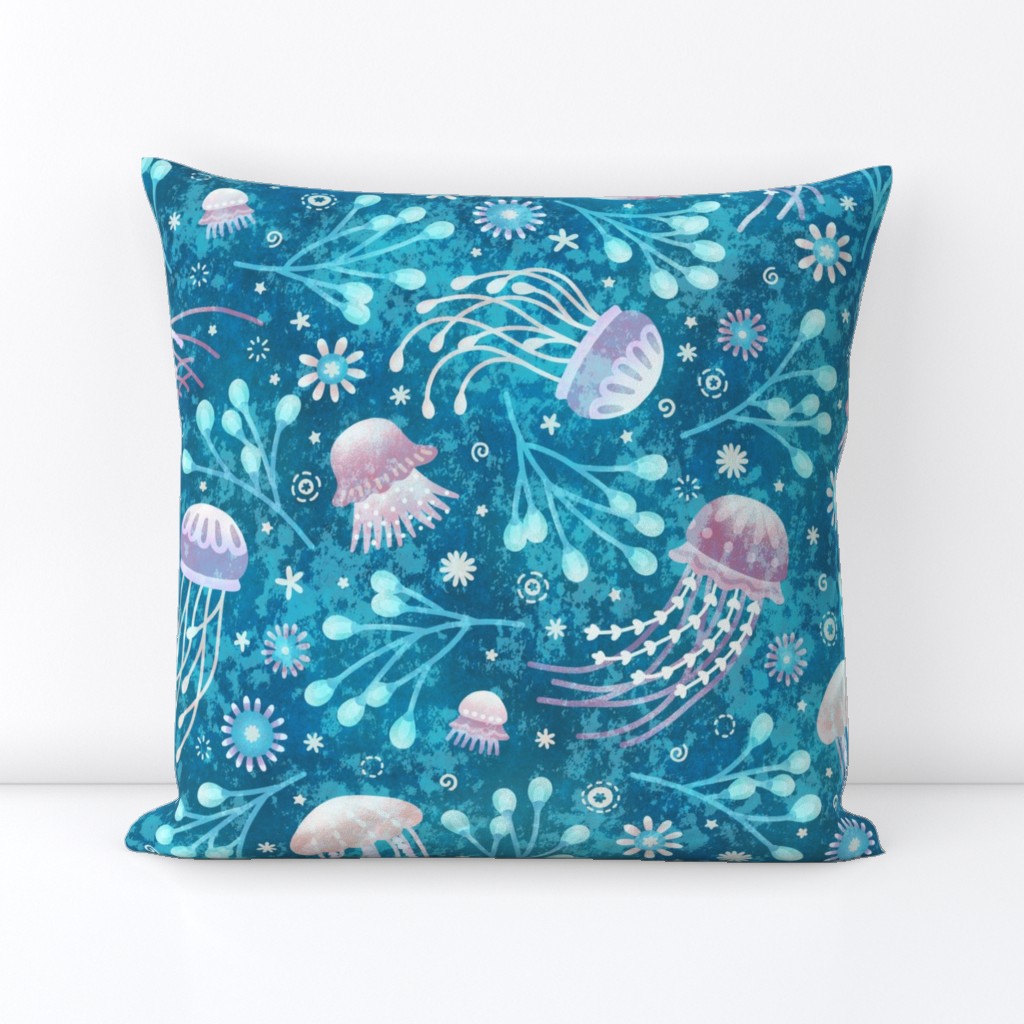 Majestic Bioluminescent Jellies on Teal (Large Scale)