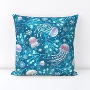 Majestic Bioluminescent Jellies on Teal (Large Scale)