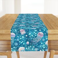 Majestic Bioluminescent Jellies on Teal (Large Scale)