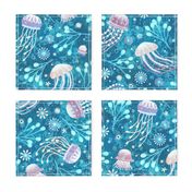 Majestic Bioluminescent Jellies on Teal (Large Scale)