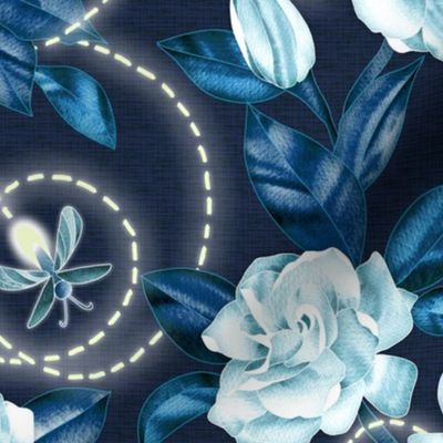Flowers and Fireflies - midnight sapphire blue