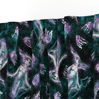 Purple Mermaid with Jellyfish -- Purple Mermaids in Green Teal Seaweed with Purple Jellyfish -- 300dpi (50% of Full Scale)