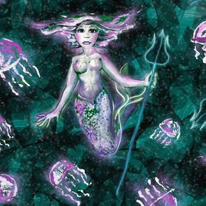Purple Mermaid with Jellyfish -- Purple Mermaids in Green Teal Seaweed with Purple Jellyfish -- 300dpi (50% of Full Scale)