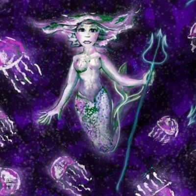 Purple Mermaid with Jellyfish -- Purple Mermaids in Purple-toned Seaweed with Purple Jellyfish -- 300dpi (50% of Full Scale)