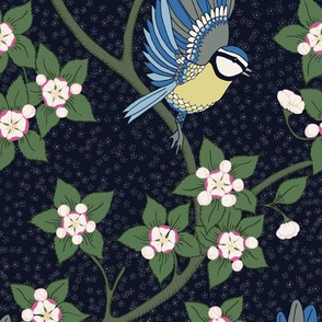 Bluetit and Apple blossoms by night – victorian style
