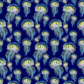 neon jellyfish on blue bubbles