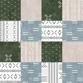 Mudcloth Patchwork - mud cloth wholecloth quilt top - green/blue/tan - boho home decor baby bedding - LAD20