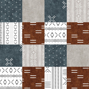 Mudcloth Patchwork - mud cloth wholecloth quilt top - blue/rust/grey - boho home decor baby bedding - LAD20