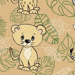 Safari 6x6 Animals with Green Outline Leaf on dk gold 
