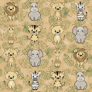 Safari  Animals with Green Outline Leaf on dk gold 