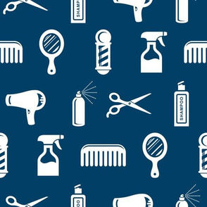 Salon & Barber Hairdresser Pattern in White with Navy Blue Background (Large Scale)