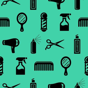 Salon & Barber Hairdresser Pattern in Black with Teal Green Background (Large Scale)