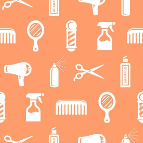 Salon & Barber Hairdresser Pattern in White with Tangerine Orange Background (Large Scale)