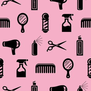 Salon & Barber Hairdresser Pattern in Black with Baby Pink Background (Large Scale)