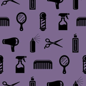 Salon & Barber Hairdresser Pattern in Black with Mauve Purple Background (Large Scale)