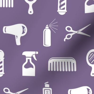 Salon & Barber Hairdresser Pattern in White with Mauve Purple Background (Large Scale)