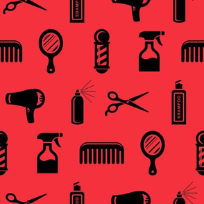 Salon & Barber Hairdresser Pattern in Black with Coral Red Background (Large Scale)