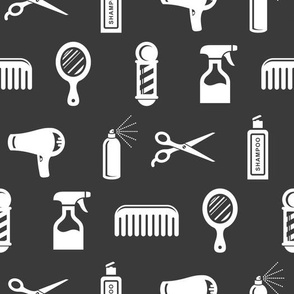 Salon & Barber Hairdresser Pattern in White with Dark Gray Background (Large Scale)