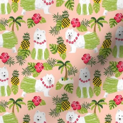 samoyed hula dog fabric - cute dog hawaii fabric - peach