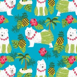 samoyed hula dog fabric - cute dog hawaii fabric -turquoise