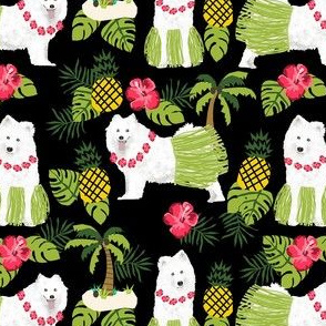 samoyed hula dog fabric - cute dog hawaii fabric - black