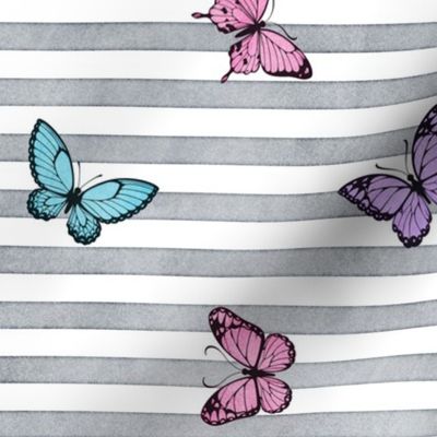 Colorful Butterflies on Grey Stripes