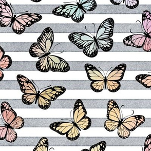 Pastel Rainbow Butterflies on Grey Stripes