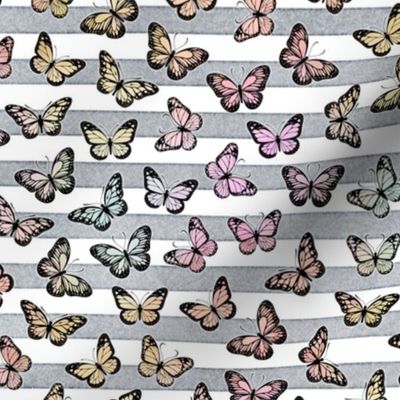 Small Pastel Rainbow Butterflies on Grey Stripes