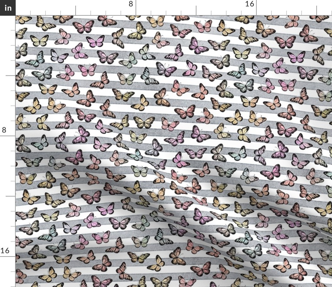 Small Pastel Rainbow Butterflies on Grey Stripes