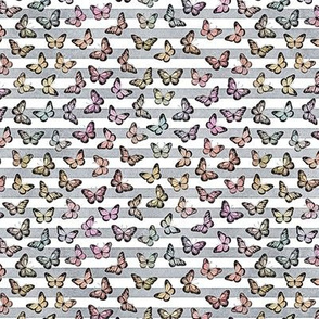 Micro Pastel Rainbow Butterflies on Grey Stripes