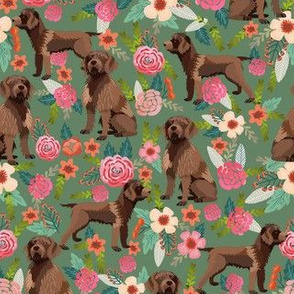 pudelpointer dog fabric - dog fabric, vintage floral - green