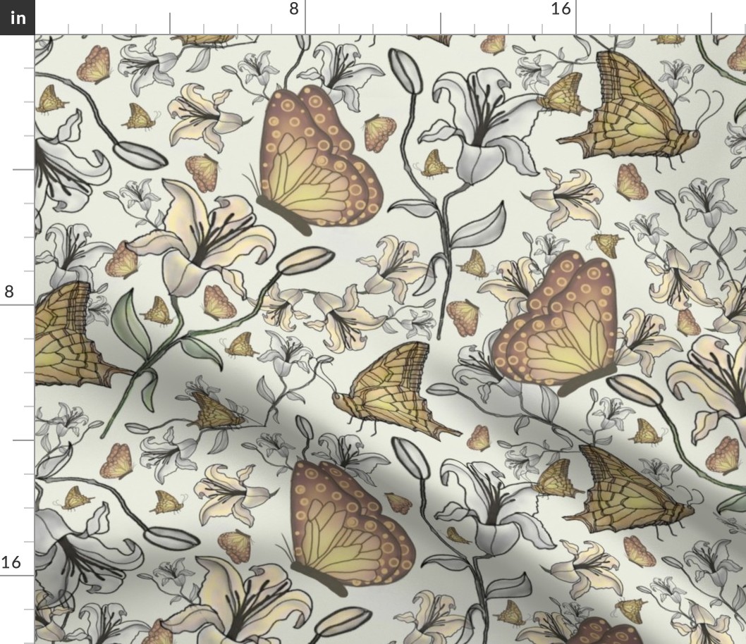 Butterfly Lily Toile Wallpaer Fabric | Spoonflower