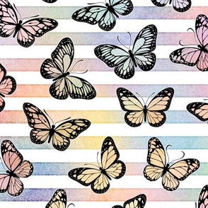 Rainbow Butterflies on Pastel Rainbow Stripes