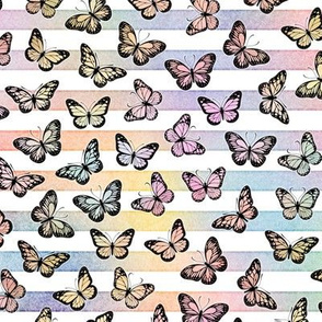 Small Rainbow Butterflies on Pastel Rainbow Stripes