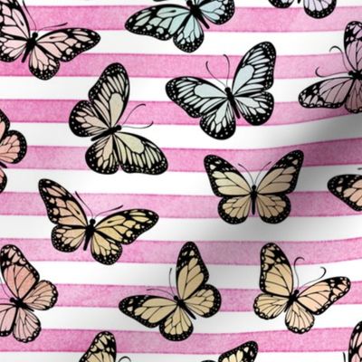Pastel Rainbow Butterflies on Pink Stripes