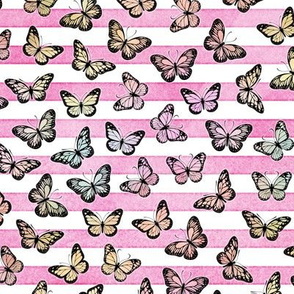 Small Pastel Rainbow Butterflies on Pink Stripes
