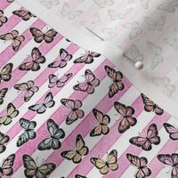 Micro Pastel Rainbow Butterflies on Pink Stripes