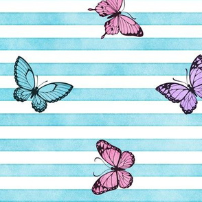 Colorful Butterflies on Sky Blue Stripes