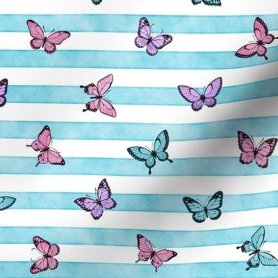 Small Colorful Butterflies on Sky Blue Stripes