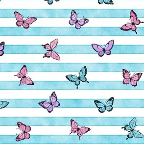 Small Colorful Butterflies on Sky Blue Stripes