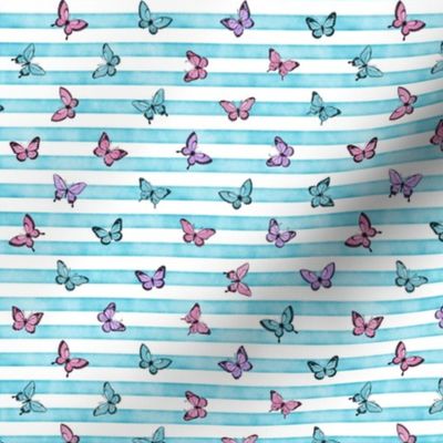 Micro Colorful Butterflies on Sky Blue Stripes