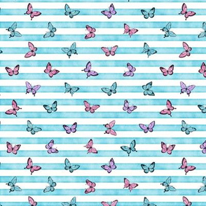 Micro Colorful Butterflies on Sky Blue Stripes