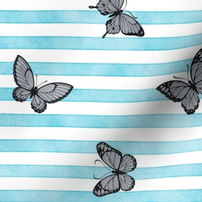 Grey Butterflies on Sky Blue Stripes