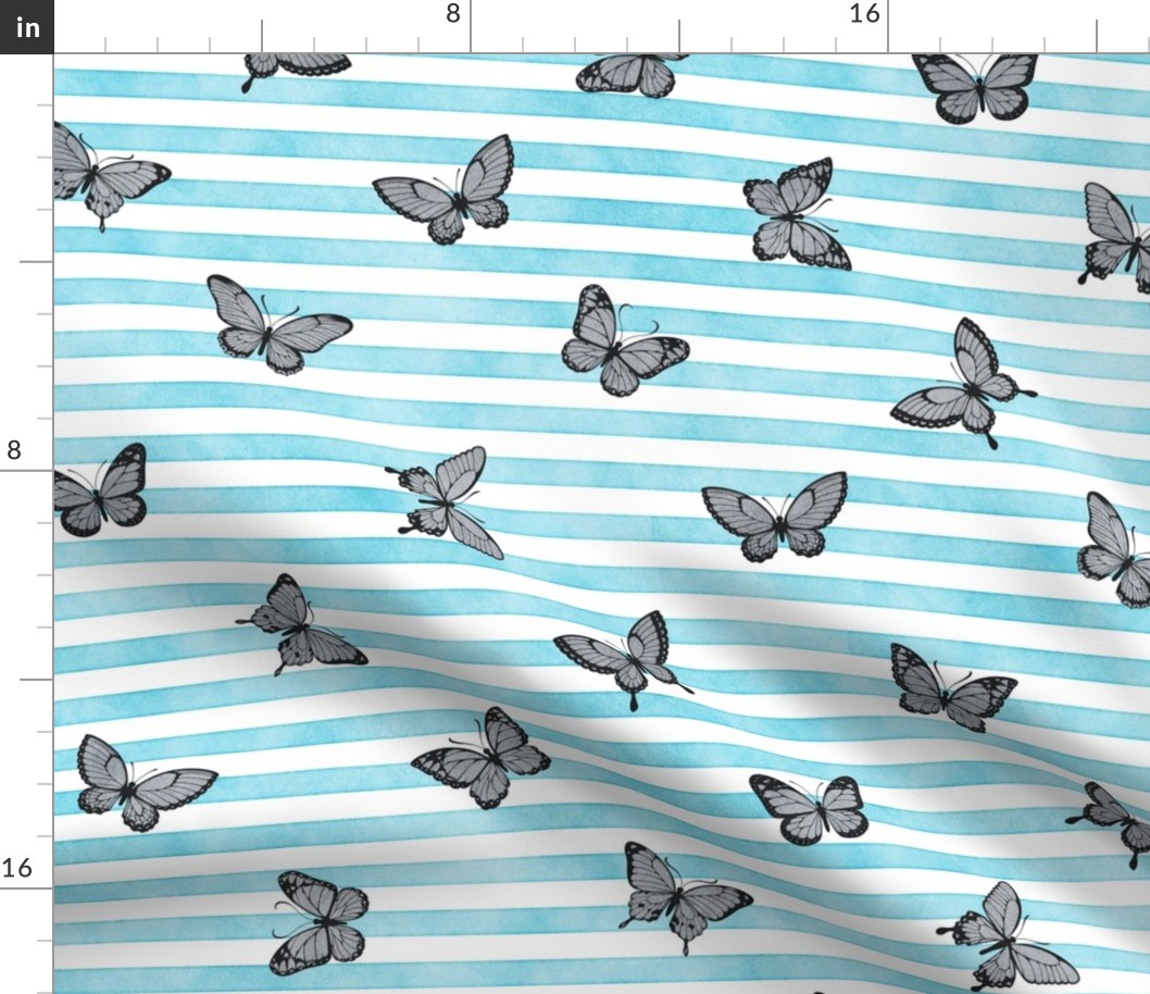 Grey Butterflies on Sky Blue Stripes