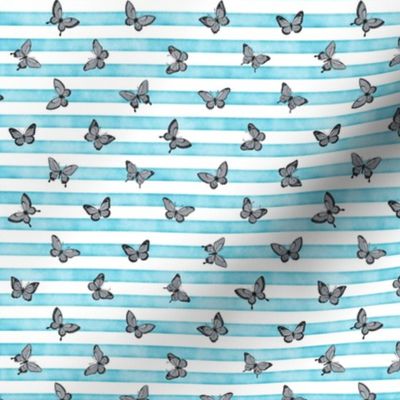 Micro Grey Butterflies on Sky Blue Stripes